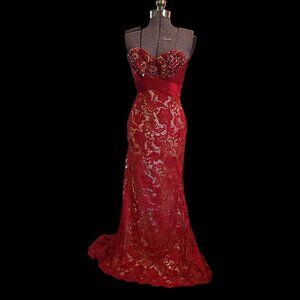 Size 6 Mac Duggal Red Lace Overlay Bead Bust Strapless Formal Dress Satin Train